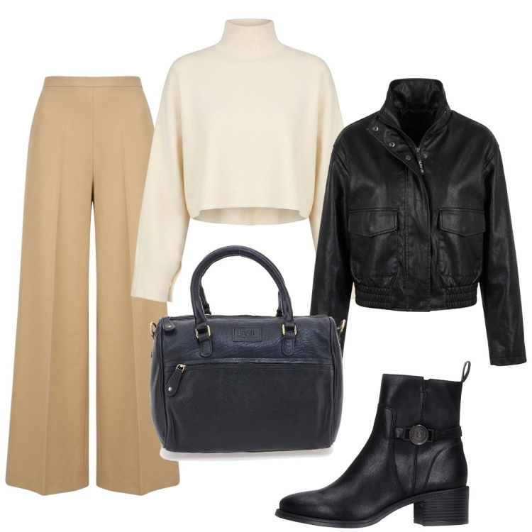 Outfit donna - Il dolcevita incontra la giacca in pelle. Stile Urban per Tutti i giorni. Abbinamento con pantaloni a palazzo, bomber, maglieria, borse a tracolla, stivaletti.