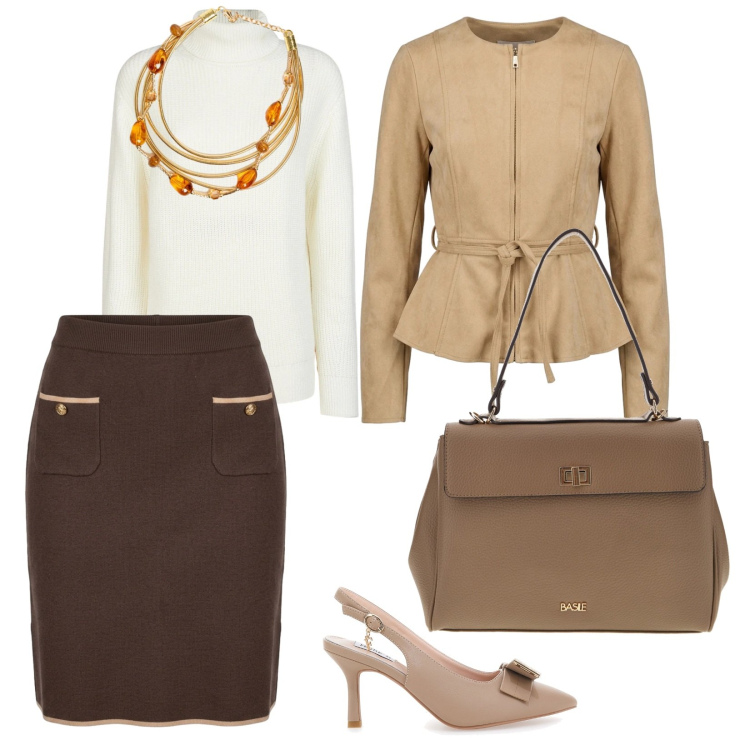 Outfit donna - Colori neutri. per Ufficio. Abbinamento con maglieria, gonne, blazer, collane, décolleté, borse a tracolla.