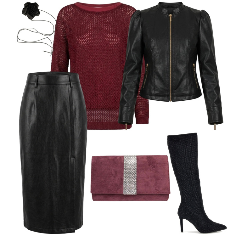 Outfit donna - Gli opposti. per Serata fuori. Abbinamento con maglieria, gonne longuette, giacche, clutch, collane, stivali.