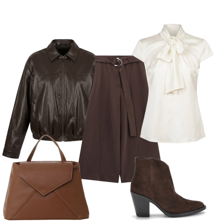 Outfit donna - Pelle e seta. Stile Chic per Ufficio. Abbinamento con pantaloni a palazzo, borse a mano, camicie, bomber, stivaletti.