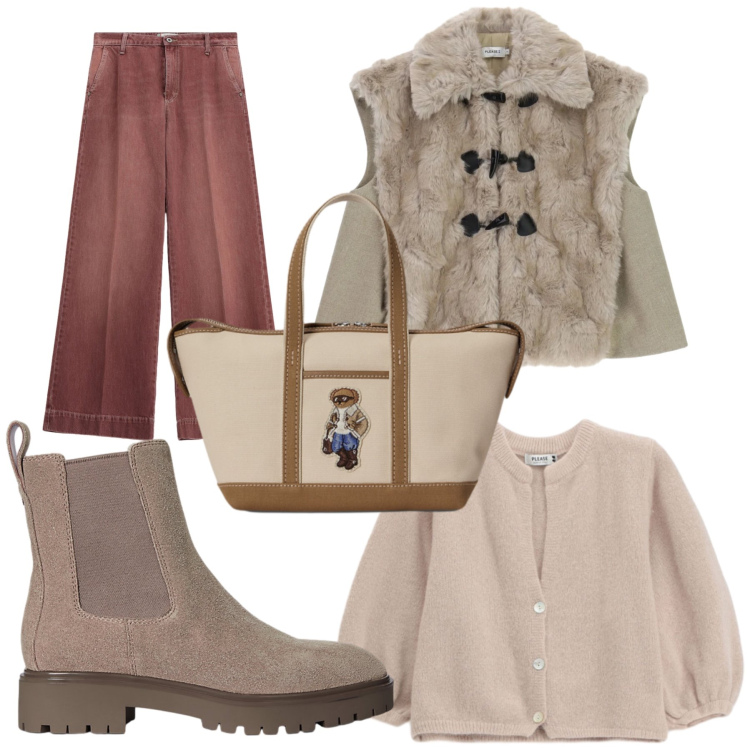 Outfit donna - Total look #2484377. Stile Trendy per Scuola/Università. Abbinamento con stivaletti, borse tote, cardigans, jeans, gilet.