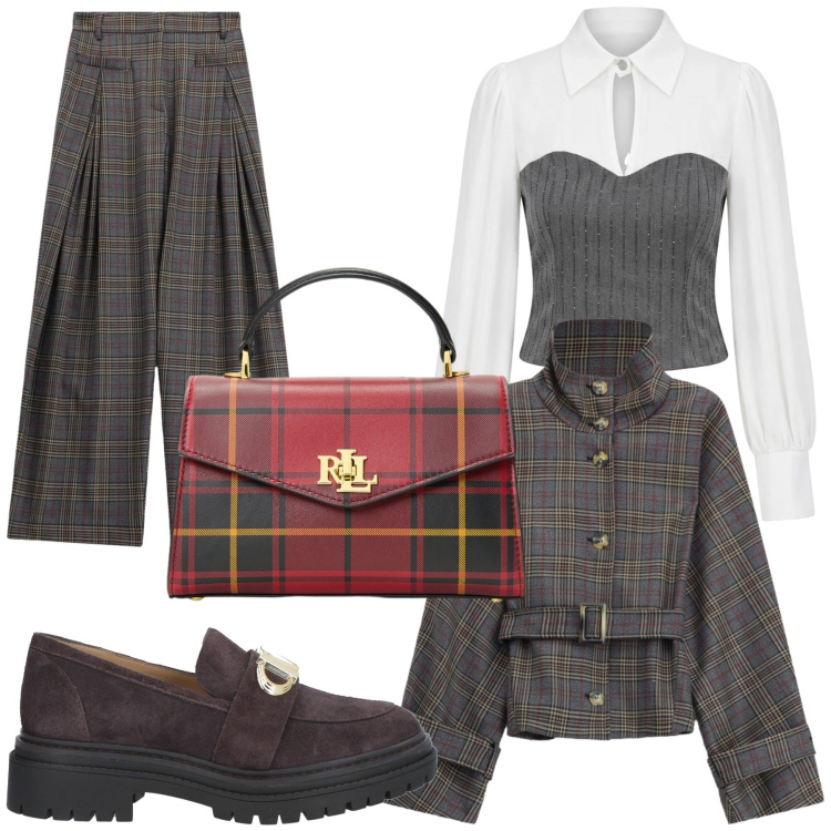 Outfit donna - Total look #2484379. Stile Bon Ton per Ufficio. Abbinamento con cappotti, pantaloni a palazzo, borse a mano, bluse, mocassini.
