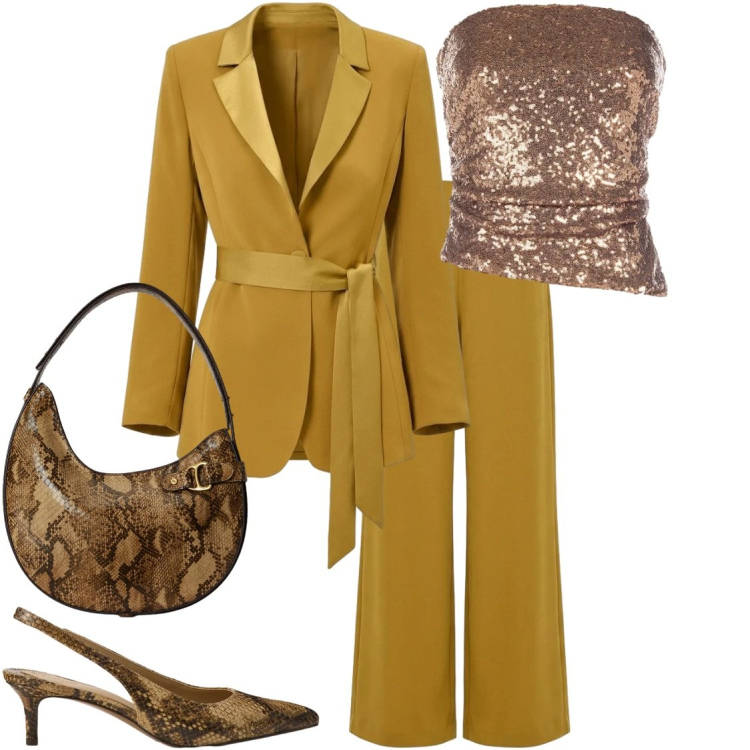 Outfit donna - Il tallieur glam. Stile Glamour per Cerimonia. Abbinamento con borse a spalla, décolleté, pantaloni a palazzo, blazer, top.
