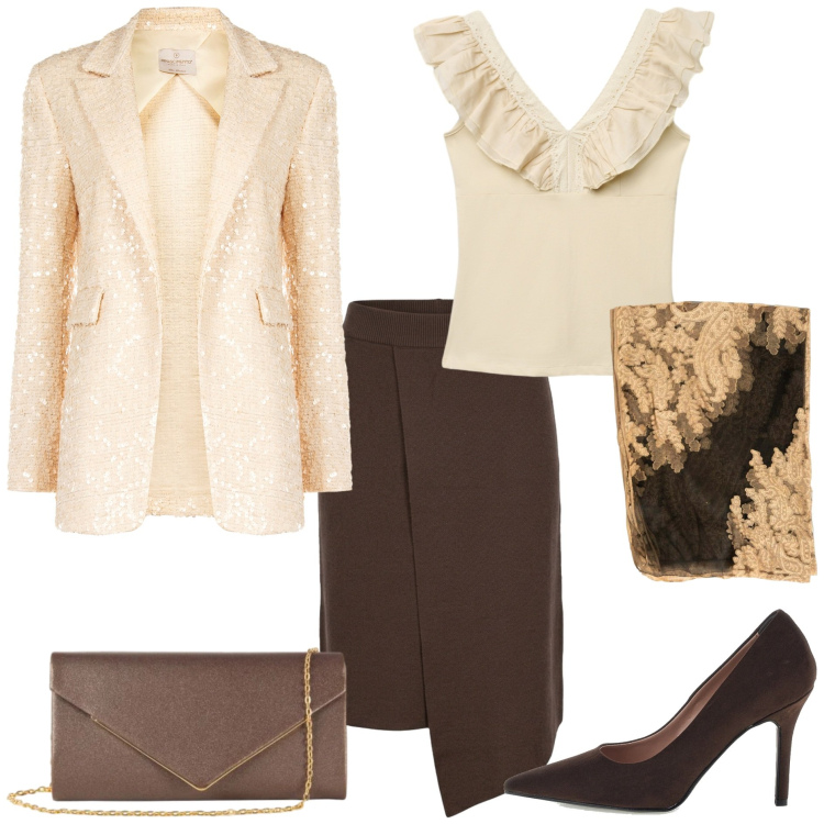 Outfit donna - Caffè e Crema- Evento. Stile Chic per Tutti i giorni. Abbinamento con canottiere, blazer, clutch, stole, gonne, décolleté.