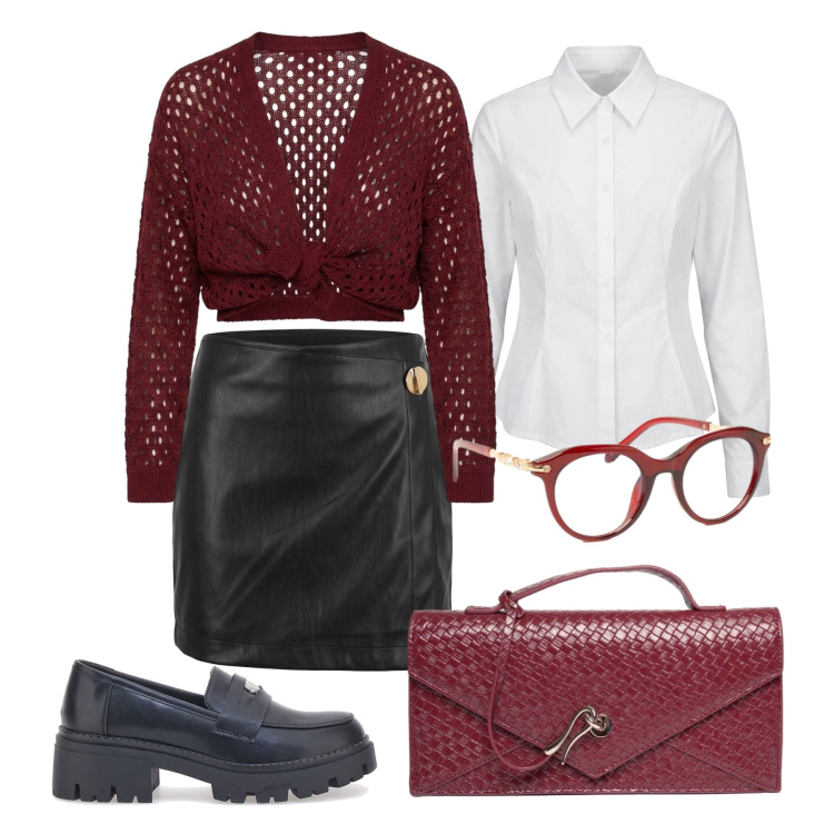 Outfit donna - Ottobre. Stile Trendy per Tutti i giorni. Abbinamento con cardigans, minigonne, camicie, occhiali da sole, clutch, mocassini.