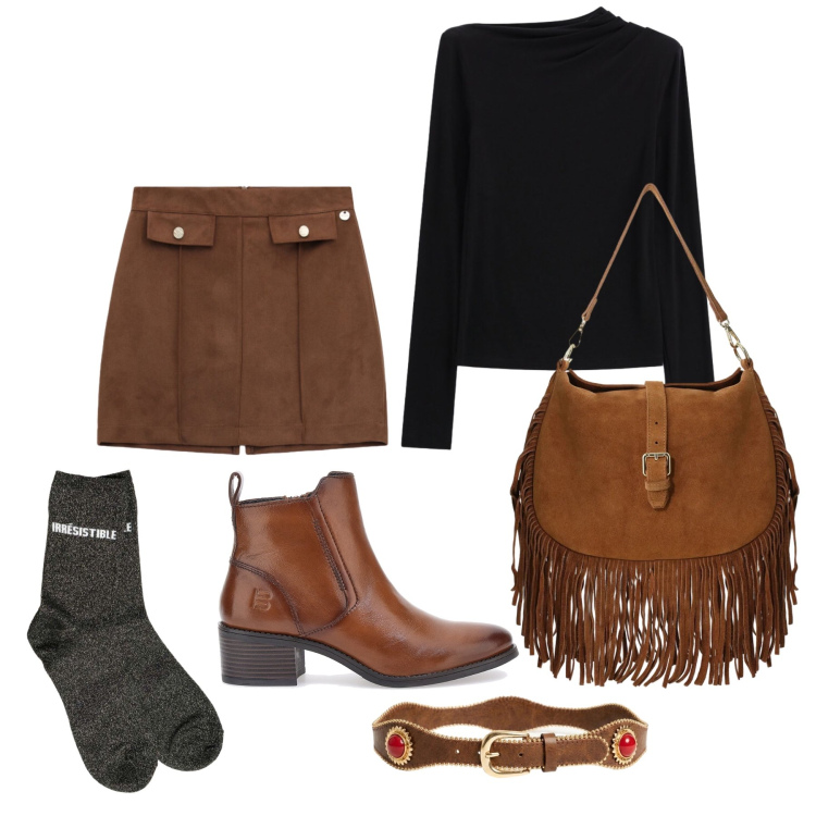 Outfit donna - Ottobre. Stile Trendy per Tutti i giorni. Abbinamento con t-shirt, borse a spalla, minigonne, cinture, calzini, stivaletti.