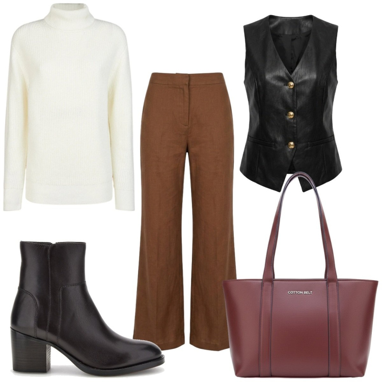 Outfit donna - SOFT LEATHER: 70s. Stile 70s per Tutti i giorni. Abbinamento con maglieria, gilet, pantaloni, shopping bag, stivaletti.