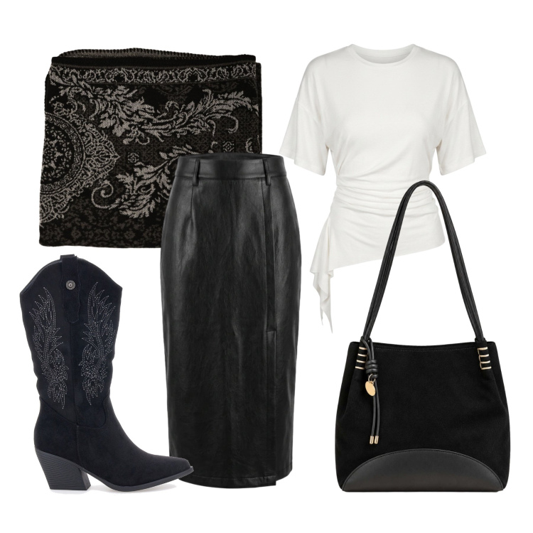 Outfit donna - Ottobre. Stile Trendy per Tutti i giorni. Abbinamento con borse a spalla, maglieria, cappotti, gonne longuette, stivaletti texani.