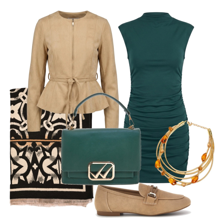 Outfit donna - Ottobre. Stile Trendy per Tutti i giorni. Abbinamento con blazer, vestiti corti, sciarpe, collane, mocassini, borse a tracolla.