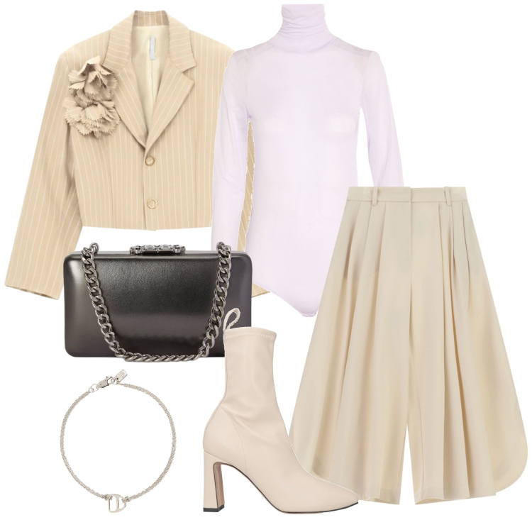 Outfit donna - Ottobre. Stile Glamour per Serata fuori. Abbinamento con blazer, pantaloni culotte, clutch, braccialetti con ciondoli, body, stivaletti.