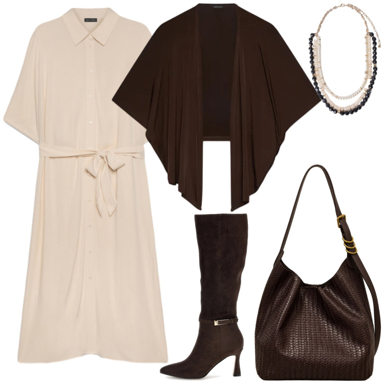 Outfit donna - Rich Espresso & Cream Warmth - Minimal. Stile Minimal per Tutti i giorni. Abbinamento con blazer, collane, vestiti chemisier, borse a spalla, stivali.