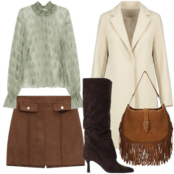 Outfit donna - SOFT LEATHER: Gli opposti si attraggono. Stile Trendy per Ufficio. Abbinamento con minigonne, stivali, bluse, borse a spalla, cappotti.