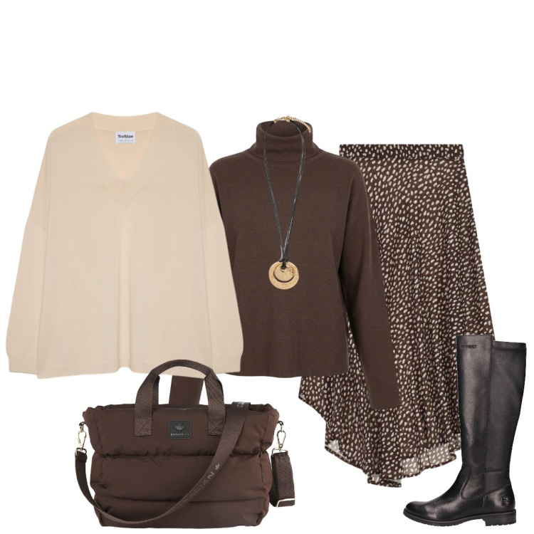 Outfit donna - Il mio outfit autunnale preferito. Stile Casual chic per Tutti i giorni. Abbinamento con ciondoli, pullovers, borse tote, gonne longuette, pullovers, stivali.