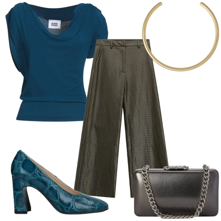 Outfit donna - Aperitivo in galleria : ottanio. Stile Chic per Serata fuori. Abbinamento con décolleté, top, pantaloni a palazzo, collane, clutch.