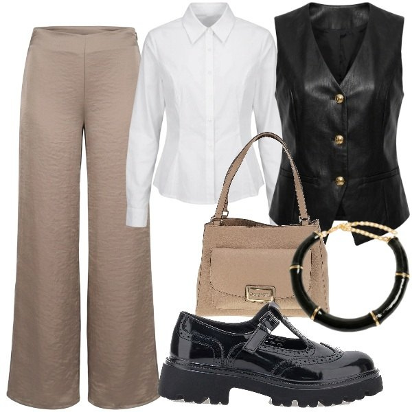 Outfit donna - SOFT LEATHER: Gli opposti si attraggono. Stile Basic per Ufficio. Abbinamento con pantaloni a palazzo, gilet, camicie, collane, mocassini, borse a spalla.