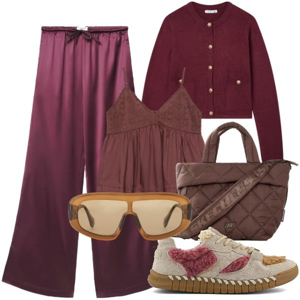 Outfit donna - Sfumature d\'autunno. Stile Urban per Tutti i giorni. Abbinamento con borse tote, cardigans, canottiere, pantaloni a palazzo, occhiali da sole, sneakers.