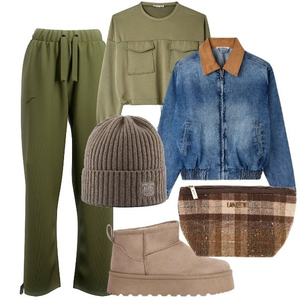 Outfit donna - Denim e felpa in relax. Stile Sporty chic per Tutti i giorni. Abbinamento con stivaletti, cappotti, felpe, berretti, pantaloni, shopping bag.