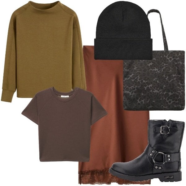 Outfit donna - Autunno addosso. Stile Urban per Tutti i giorni. Abbinamento con felpe, berretti, gonne longuette, shopping bag, t-shirt, stivaletti.