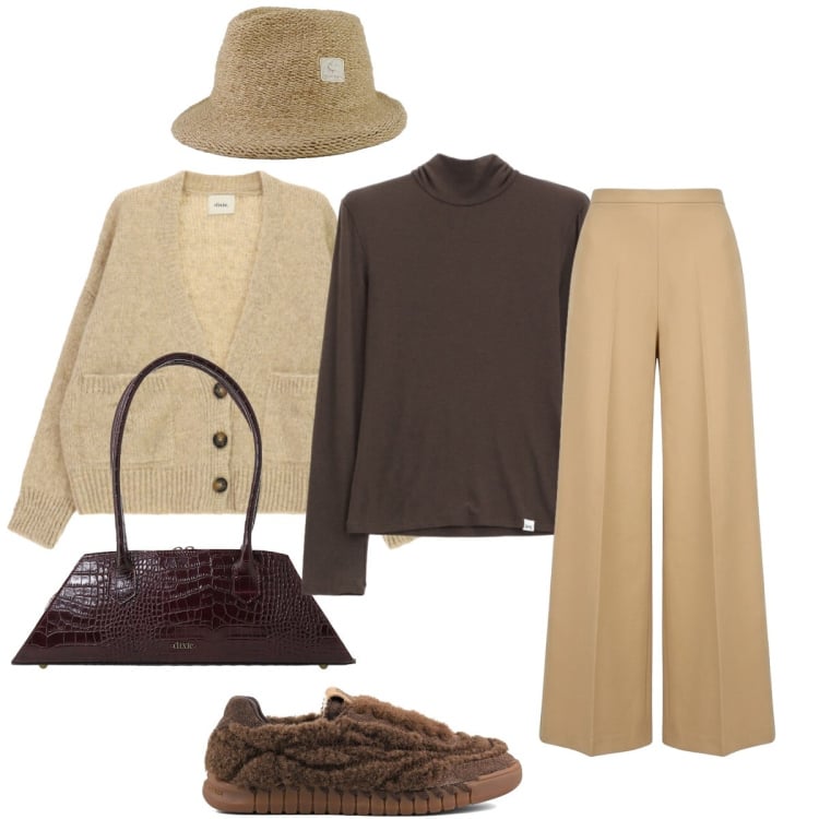 Outfit donna - In città. Stile Casual chic per Tutti i giorni. Abbinamento con t-shirt, borse a spalla, cardigans, pantaloni a palazzo, cappelli, sneakers.