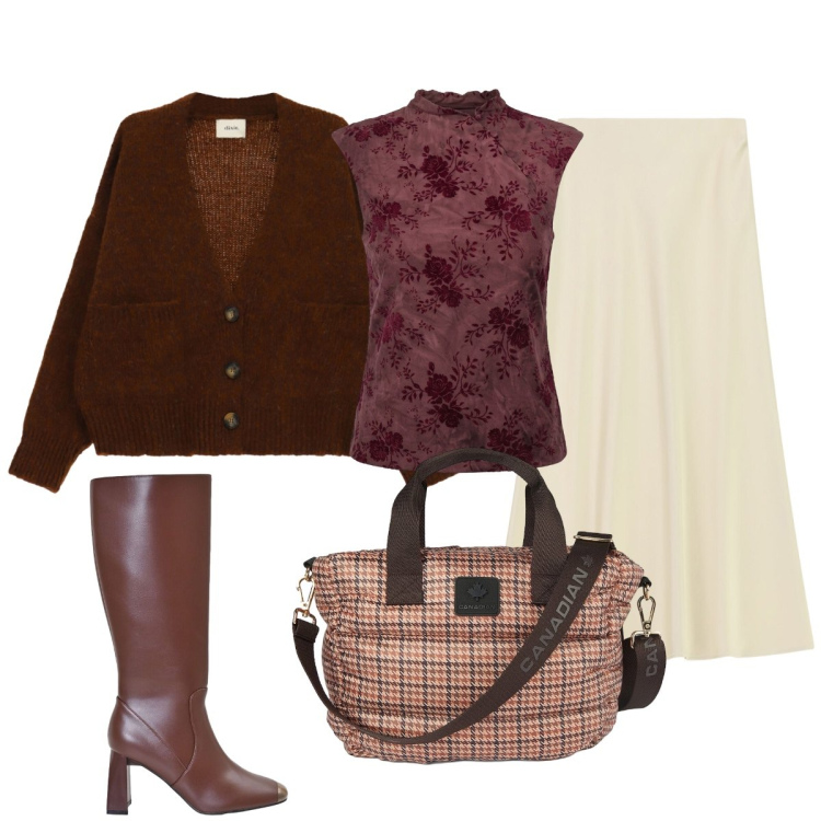 Outfit donna - Satin e lana : contrasto perfetto. Stile Urban per Tutti i giorni. Abbinamento con gonne lunghe, stivali sopra il ginocchio, cardigans, borse tote, top.
