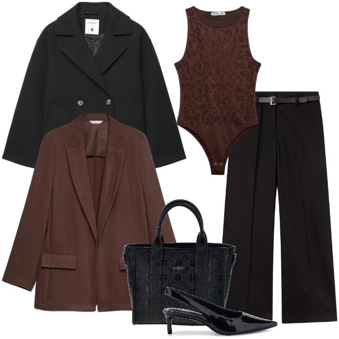 Outfit donna - Sfumature di Caffè: Layering Autunnale. Stile Trendy per Ufficio. Abbinamento con blazer, pantaloni, top, caban, borse a tracolla, décolleté.
