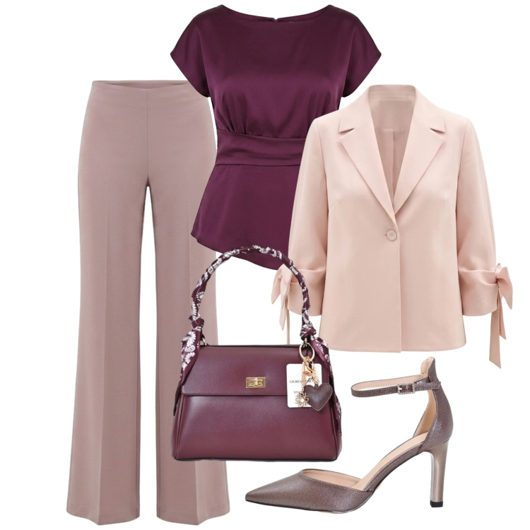 Outfit donna - Invito d'autunno. Stile Chic per Cerimonia. Abbinamento con bluse, décolleté, pantaloni a palazzo, blazer, borse a mano.