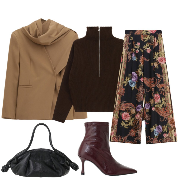 Outfit donna - Outfit autunnale avvolgente. Stile Chic per Tutti i giorni. Abbinamento con stivaletti, pantaloni a palazzo, blazer, borse a mano, maglieria.