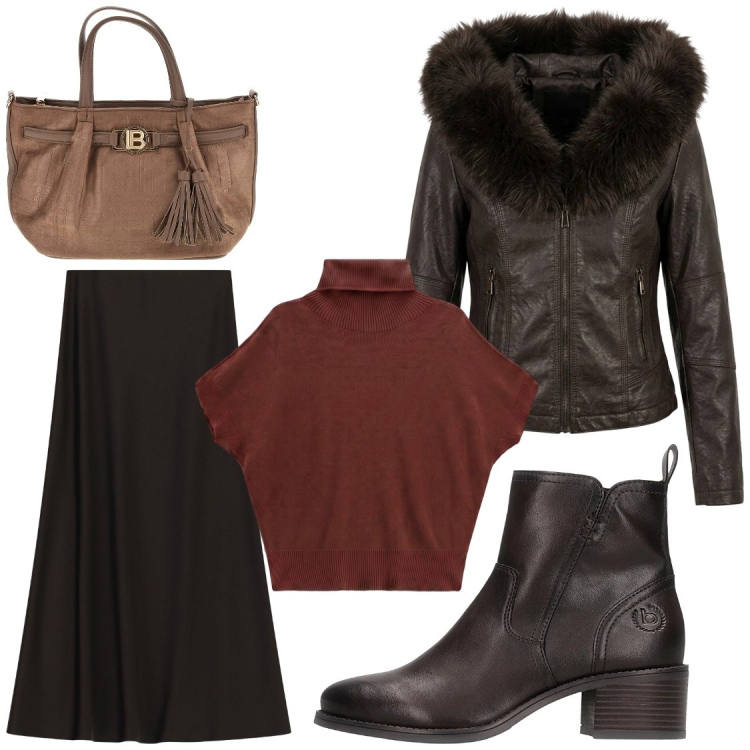 Outfit donna - Profumo di castagne. Stile Chic per Ufficio. Abbinamento con pullovers, gonne lunghe, giacche, borse a mano, stivaletti.