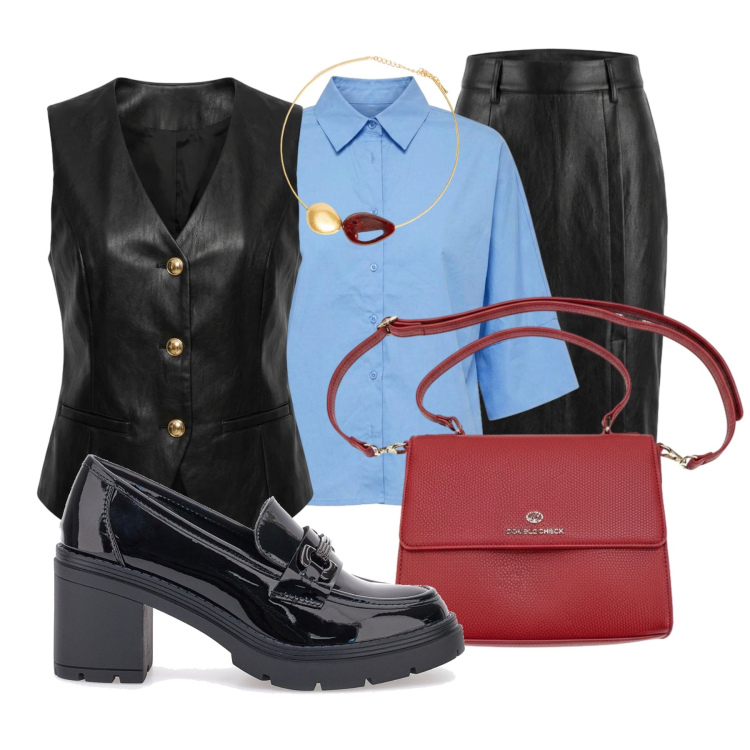 Outfit donna - SOFT LEATHER: Gli opposti si attraggono. Stile Trendy per Ufficio. Abbinamento con gonne longuette, gilet, camicie a manica corta, collane, mocassini, borse a tracolla.