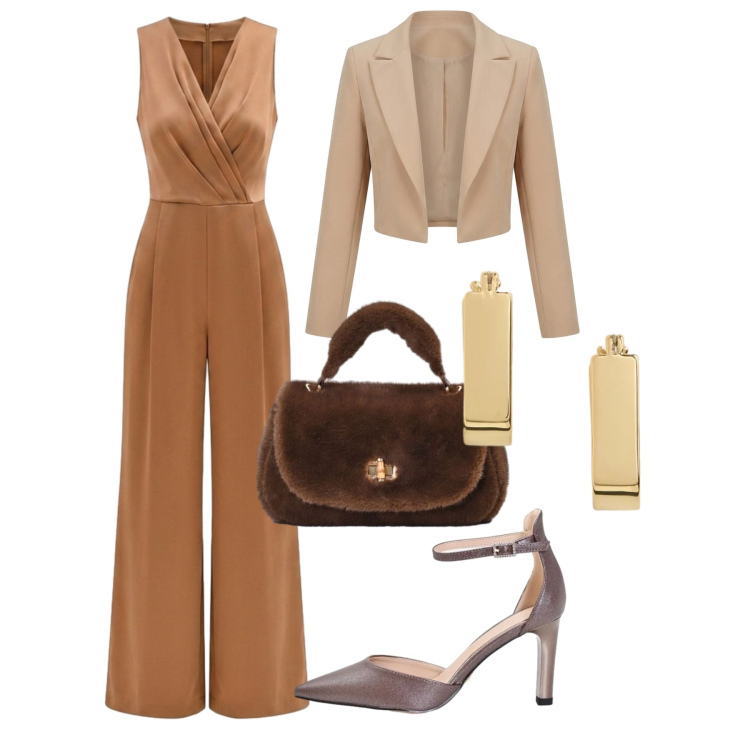 Outfit donna - Invito d\'autunno. Stile Chic per Cerimonia. Abbinamento con bolero, borse a mano, décolleté, tute, orecchini.