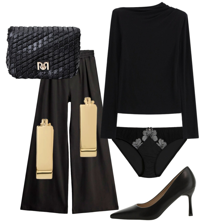 Outfit donna - Total look #2484446. Stile Chic per Serata fuori. Abbinamento con culotte, borse a tracolla, décolleté, top, pantaloni a palazzo, orecchini.