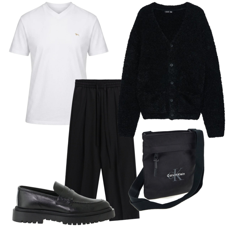 Outfit uomo - Total look #2484447. Stile Trendy per Tutti i giorni. Abbinamento con t-shirt, scarpe stringate, pantaloni, cardigans, borse sportive.