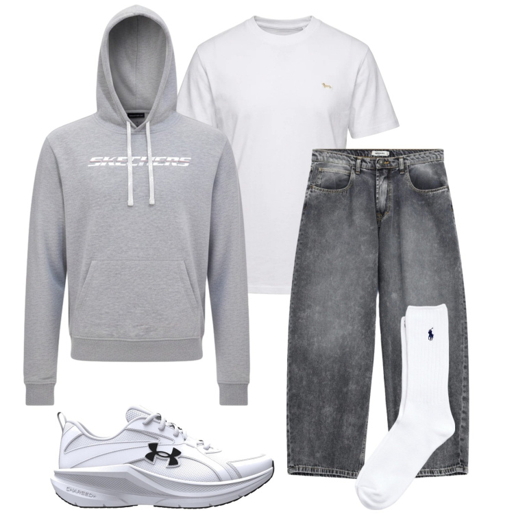Outfit uomo - Total look #2484449. Stile Urban per Tutti i giorni. Abbinamento con t-shirt, jeans, calzini, scarpe sportive, felpe con cappuccio.