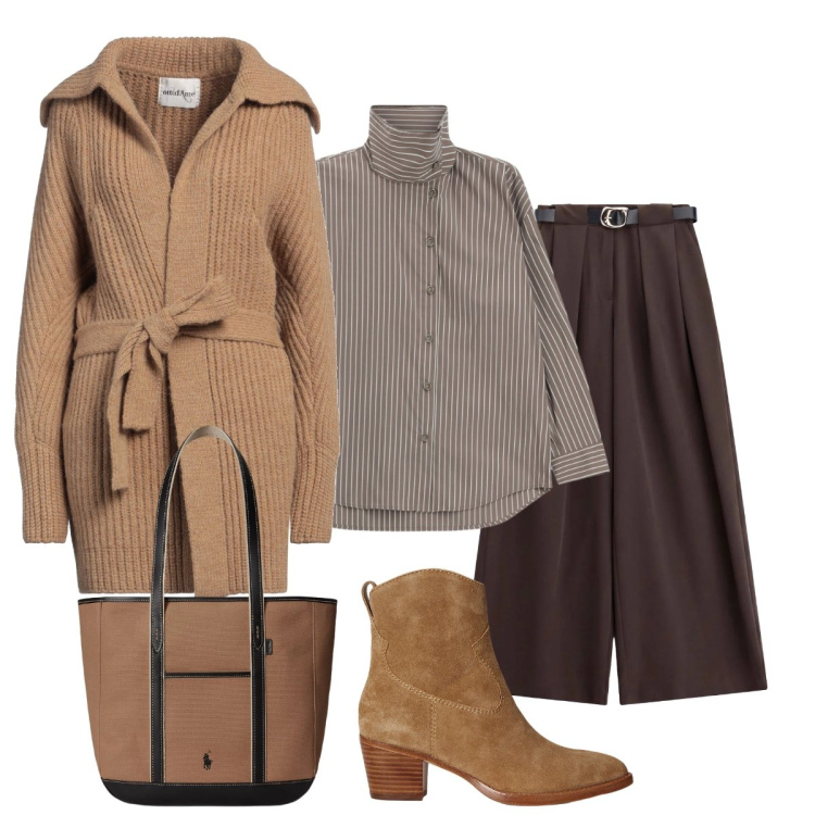 Outfit donna - In città con stile. Stile Chic per Tutti i giorni. Abbinamento con cardigans, pantaloni a palazzo, camicie, stivaletti, borse tote.
