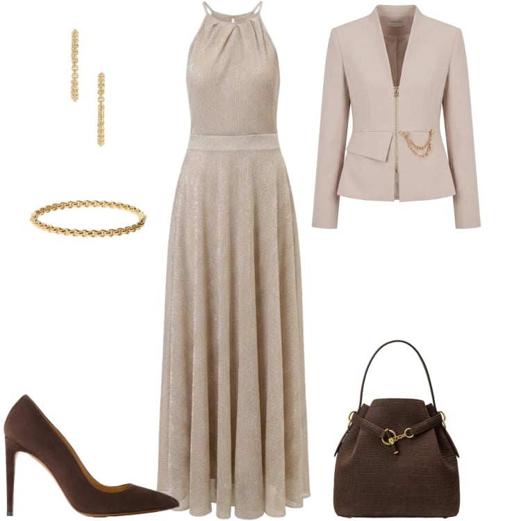 Outfit donna - Ricevimento autunnale. Stile Chic per Cerimonia. Abbinamento con vestiti lunghi, blazer, décolleté, borse a secchiello, orecchini, braccialetti.