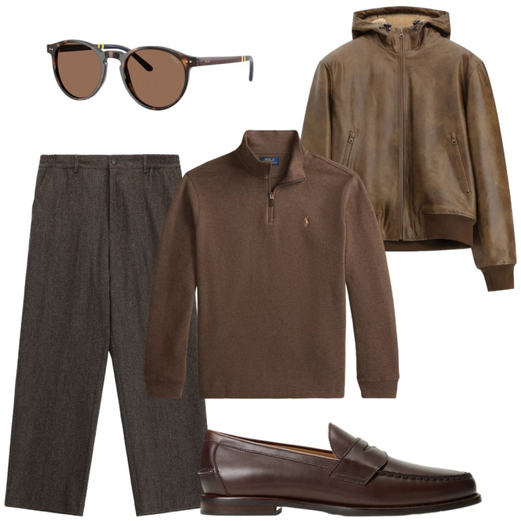 Outfit uomo - Marrone mood. Stile Trendy per Serata speciale. Abbinamento con pantaloni, bomber, scarpe stringate, occhiali da sole, pullovers.