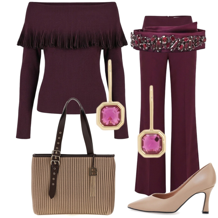 Outfit donna - Autunno Rinascimento. Stile Chic per Serata fuori. Abbinamento con orecchini, maglieria, cinture, pantaloni a palazzo, borse a spalla, décolleté.