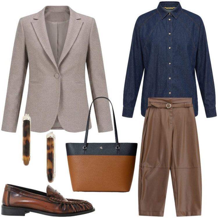 Outfit donna - Total look #2484467. Stile Mannish per Ufficio. Abbinamento con blazer, pantaloni, mocassini, camicie, borse tote, orecchini.
