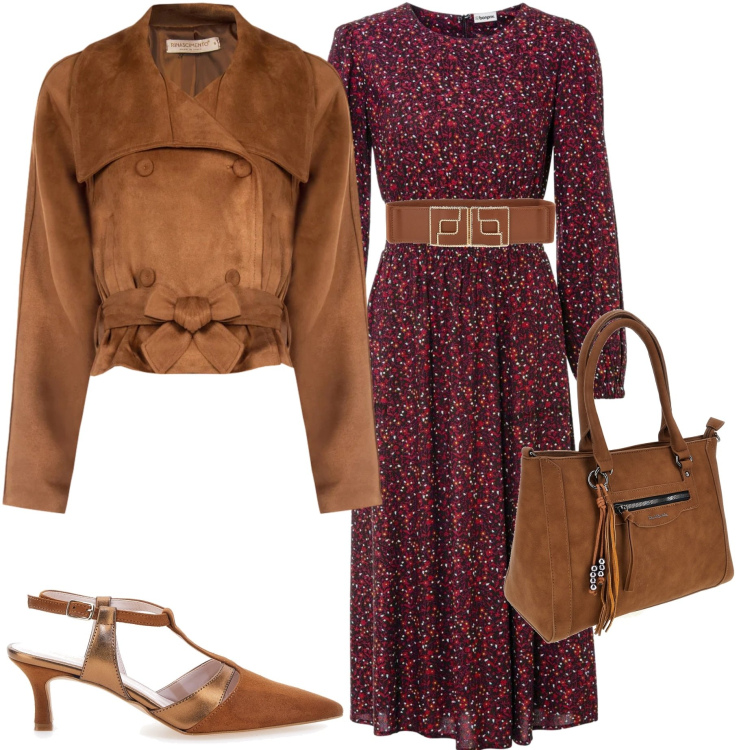 Outfit donna - Serata con amici. Stile Casual chic per Serata fuori. Abbinamento con vestiti midi/longuette, giacche, cinture, décolleté, borse a spalla.