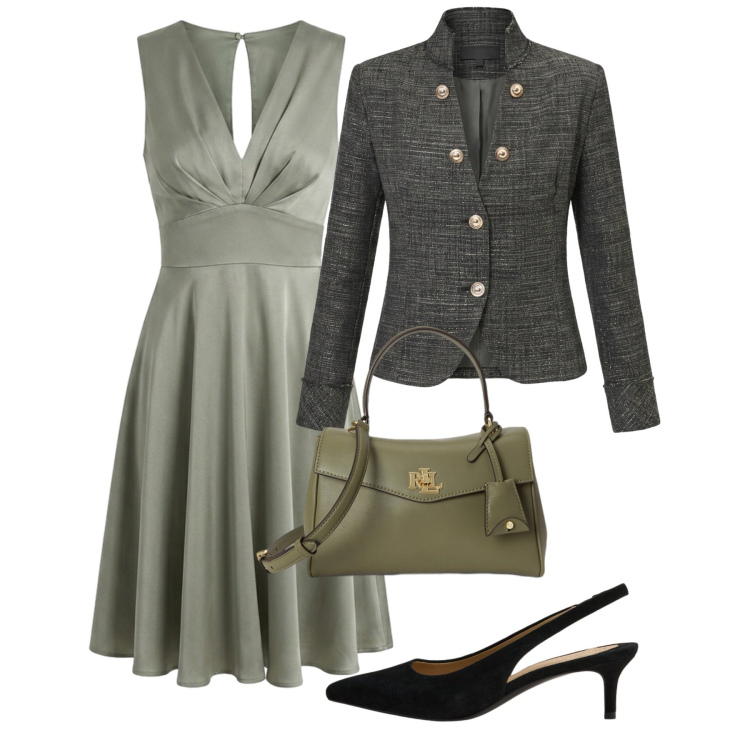 Outfit donna - Invito d'autunno. Stile Chic per Cerimonia. Abbinamento con borse a mano, décolleté, vestiti senza maniche, blazer.