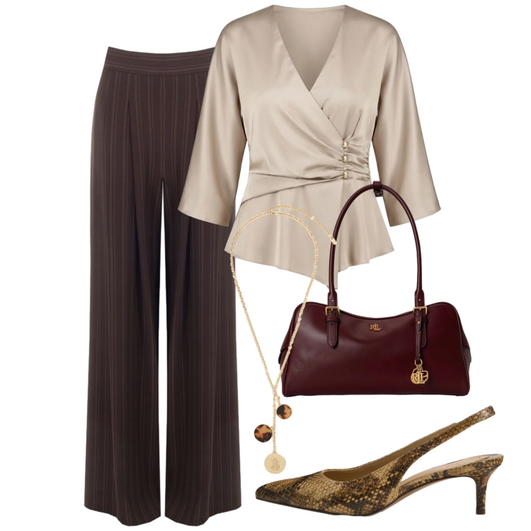 Outfit donna - Invito d'autunno. Stile Chic per Cerimonia. Abbinamento con décolleté, collane, borse a mano, bluse, pantaloni a palazzo.