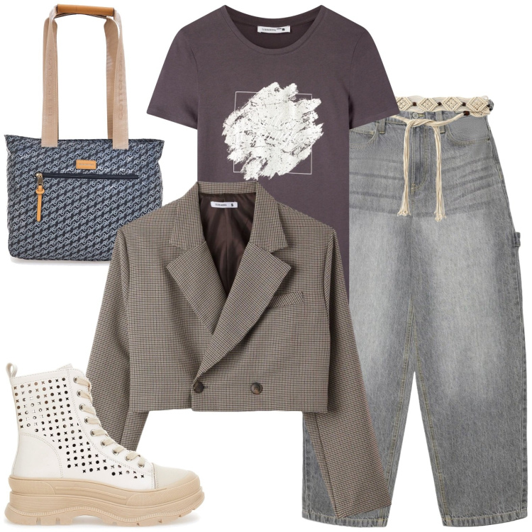 Outfit donna - Casual. Stile Casual per Tutti i giorni. Abbinamento con blazer, t-shirt, cinture, jeans, borse a spalla, stivaletti.