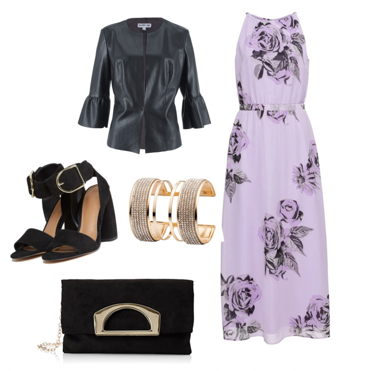 Outfit donna - Matrimonio. Stile Chic per Cerimonia. Abbinamento con vestito lungo, blazer in pelle sintetica, bracciale rigido, sandali collo aperto in denim, borsa a mano nero.