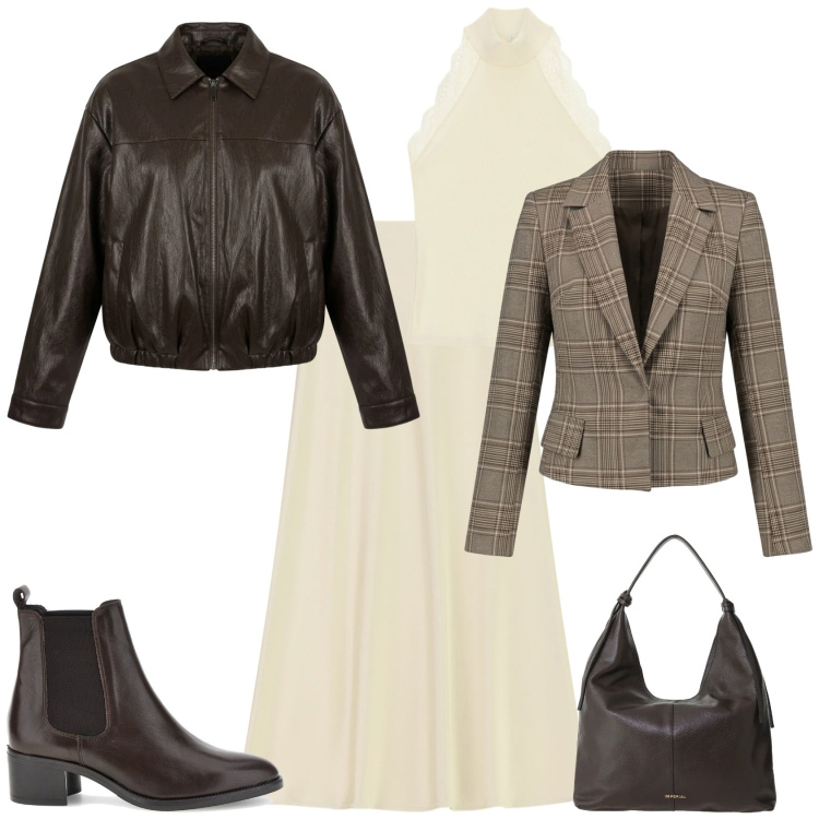 Outfit donna - Minimal rock chic ufficio serata. Stile Minimal per Tutti i giorni. Abbinamento con gonne lunghe, borse a spalla, top, bomber, blazer, stivaletti chelsea.