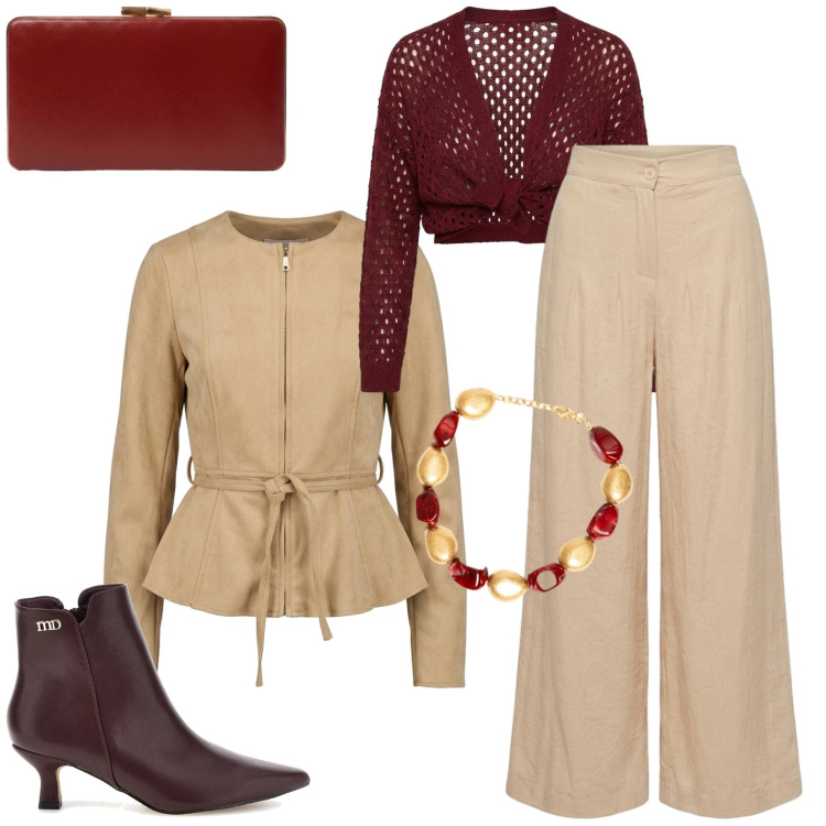 Outfit donna - Ottobre in pelle. Stile Casual per Ufficio. Abbinamento con blazer, cardigans, pochette, collane, pantaloni a palazzo, stivaletti.