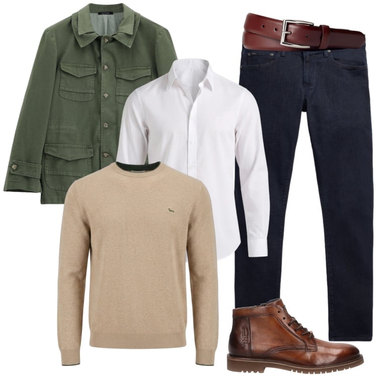 Outfit uomo - Grintoso e moderno. Stile Trendy per Tutti i giorni. Abbinamento con maglieria, camicie, cappotti, jeans, cinture, stivali e stivaletti.