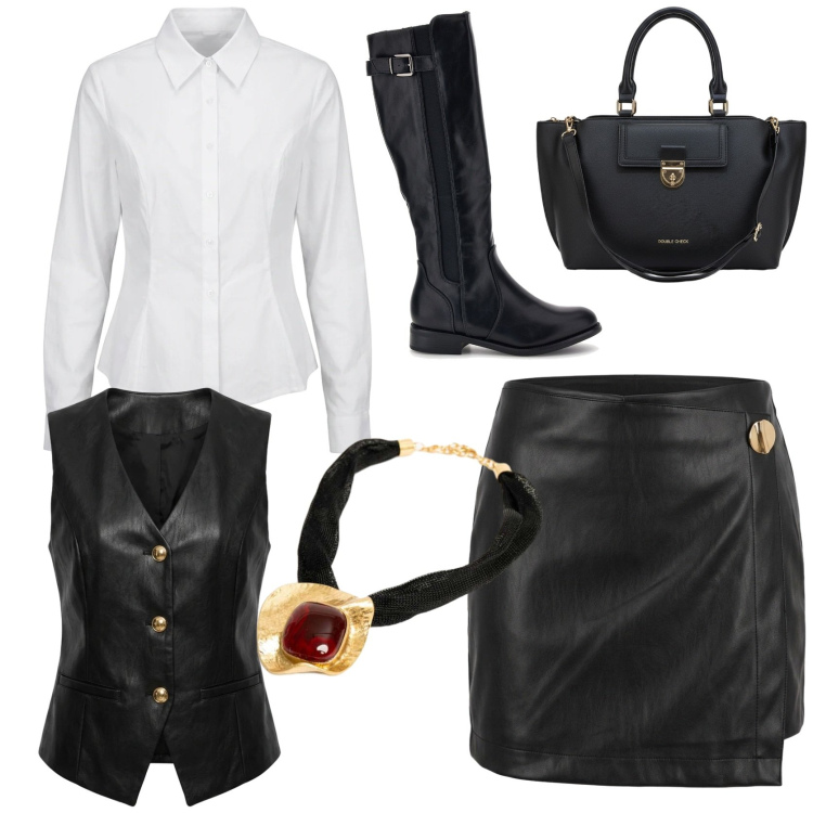 Outfit donna - Grintosa ma non troppo. Stile Glamour per Tutti i giorni. Abbinamento con minigonne, gilet, camicie, ciondoli, stivali sopra il ginocchio, borse a tracolla.