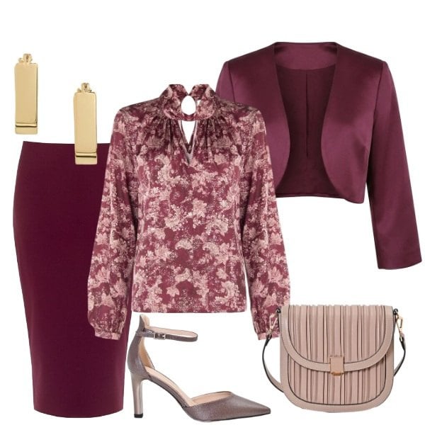 Outfit donna - Royal Wine: il fascino del tailleur. Stile Glamour per Cerimonia. look ideale per Tall. Abbinamento con bolero, borse a tracolla, décolleté, gonne longuette, bluse, orecchini.