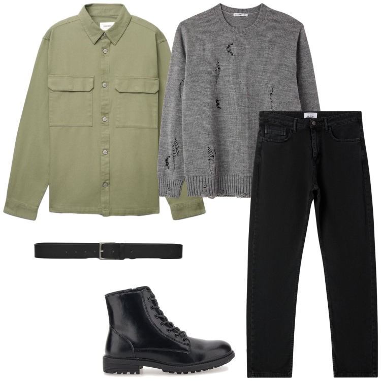 Outfit uomo - A ottobre. Stile Trendy per Tutti i giorni. Abbinamento con jeans dritti, maglieria, cappotti, cinture, anfibi.