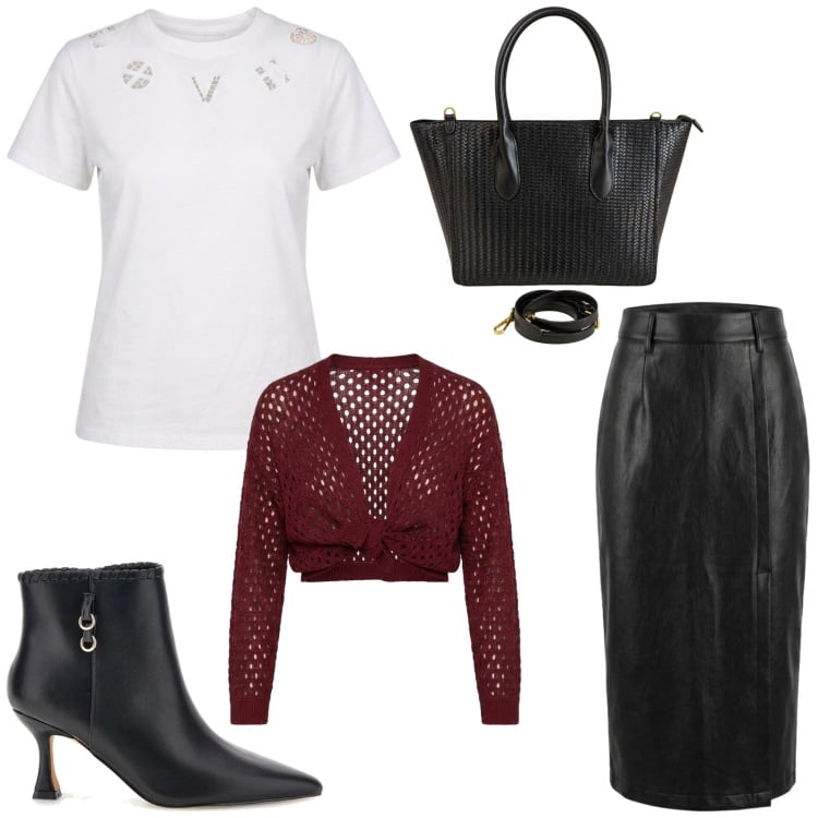 Outfit donna - In ufficio. Stile Glamour per Ufficio. Abbinamento con cardigans, t-shirt, gonne longuette, shopping bag, stivaletti.